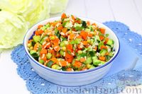 Фото к рецепту: Салат из моркови, с рисом, огурцом и зелёным горошком