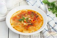 Фото к рецепту: Овощной суп с чечевицей, зелёным горошком и рисом