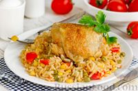 Фото к рецепту: Курица с рисом и овощами, на сковороде
