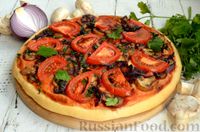 Фото к рецепту: Постная пицца на дрожжевом корже с грибами, помидорами и зеленью