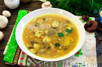 Фото к рецепту: Суп с шампиньонами, сушёными опятами и кукурузной крупой