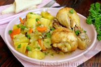 Фото к рецепту: Куриные ножки, запечённые с картофелем и капустой, в рукаве