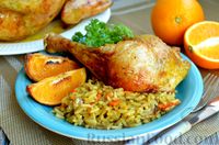Фото к рецепту: Курица, фаршированная рисом с цедрой, запечённая с апельсинами