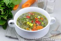 Фото к рецепту: Куриный суп со щавелем, стручковой фасолью и кукурузой
