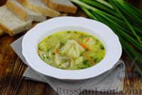 Фото к рецепту: Куриный суп с "ушками" с начинкой из плавленого сыра и яйца