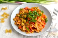Фото к рецепту: Макароны с кабачками и кукурузой, в томатном соусе (на сковороде)