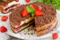 Фото к рецепту: Шоколадный насыпной пирог с творогом и клубникой