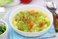 Фото к рецепту: Куриный суп с капустой, сладким перцем и зелёным горошком