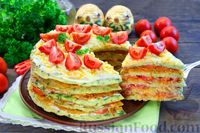 Фото к рецепту: Закусочный кабачковый торт с помидорами и майонезно-чесночным соусом