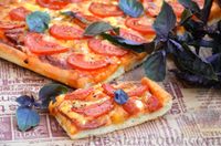 Фото к рецепту: Пицца с колбасой, луком, помидорами и сыром