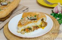 Фото к рецепту: Пирог наоборот, с фаршем, брокколи, грибами и сладким перцем