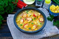 Фото к рецепту: Суп с крабовыми палочками, рисом и кукурузой