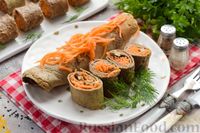 Фото к рецепту: Блинные печёночные рулетики с грибами и морковью по-корейски
