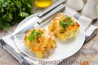 Фото к рецепту: Мясные стожки с картофелем, варёными яйцами и сыром