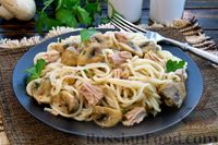 Фото к рецепту: Спагетти с консервированным тунцом и грибами