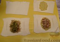 Фото приготовления рецепта: Открытые слоёные пирожки с картошкой, куриным филе, солёными огурцами и сыром - шаг №14