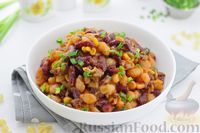 Фото к рецепту: Макароны с фаршем, фасолью и кукурузой в томатном соусе (на сковороде)