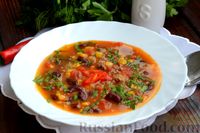 Фото к рецепту: Мексиканский томатный суп с фаршем, фасолью и кукурузой