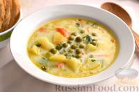 Фото к рецепту: Сырный суп с зелёным горошком