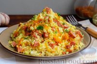 Фото к рецепту: Рис с колбасой и овощами (на сковороде)