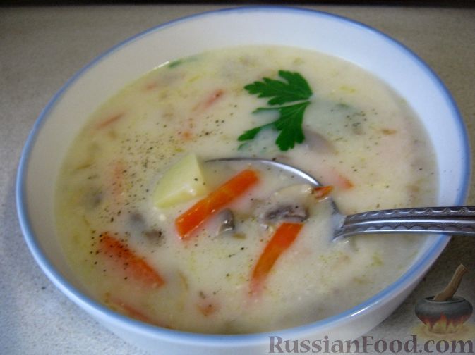 Рецепт Суп с рисом, шампиньонами и плавленым сыром