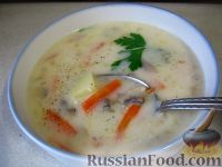Фото к рецепту: Суп с рисом, шампиньонами и плавленым сыром