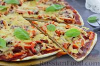 Фото к рецепту: Бездрожжевая пицца с вялеными томатами, ветчиной и болгарским перцем