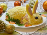 Фото к рецепту: Салат "Кролик" с ветчиной, рисом, кукурузой и огурцом