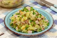 Фото к рецепту: Салат с квашеной капустой, картофелем, ветчиной и солёными огурцами