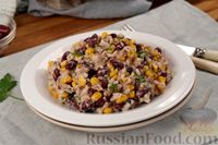 Фото к рецепту: Салат с тунцом, рисом, фасолью и кукурузой