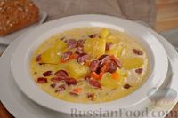 Фото к рецепту: Сырный суп с охотничьими колбасками