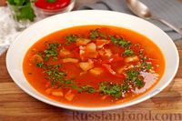 Фото к рецепту: Суп с помидорами, сладким перцем, кукурузой и беконом