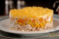Фото к рецепту: Слоёный салат с курицей, кукурузой, сыром и курагой