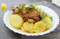 Фото к рецепту: Свиные рёбрышки в медово-горчичном маринаде, запечённые с картофелем