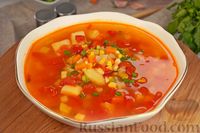 Фото к рецепту: Томатный суп с кабачками, кукурузой и сладким перцем