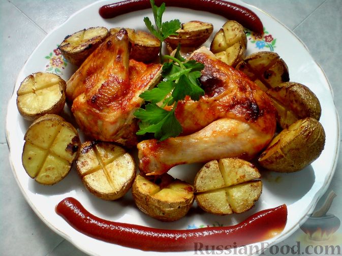 Курица с картошкой на противне в духовке - рецепт с фото пошагово