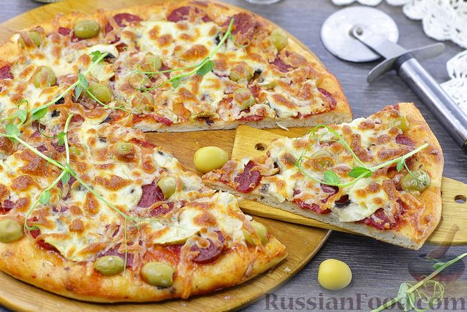 Пицца рецепт в домашних условиях в духовке с колбасой и грибами