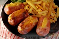 Фото к рецепту: Сосиски, фаршированные сыром, жаренные на сковороде