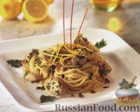 Фото к рецепту: Спагетти с куриным филе в лимонном соусе